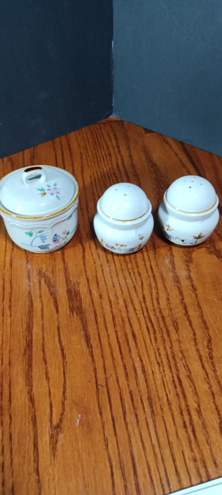 International Heartland sugar bowl with lid and salt and pepper shakers