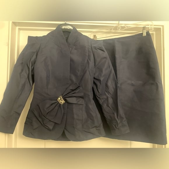 RARE TERI JON Vintage Women's Navy Blue Bow Taffeta Skirt Suit Set Size 2 XS XXS