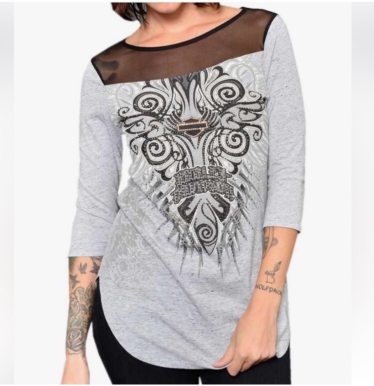 Harley-Davidson Women's Fall Fresh Embellished Mesh 3/4 Sleeve Size L
