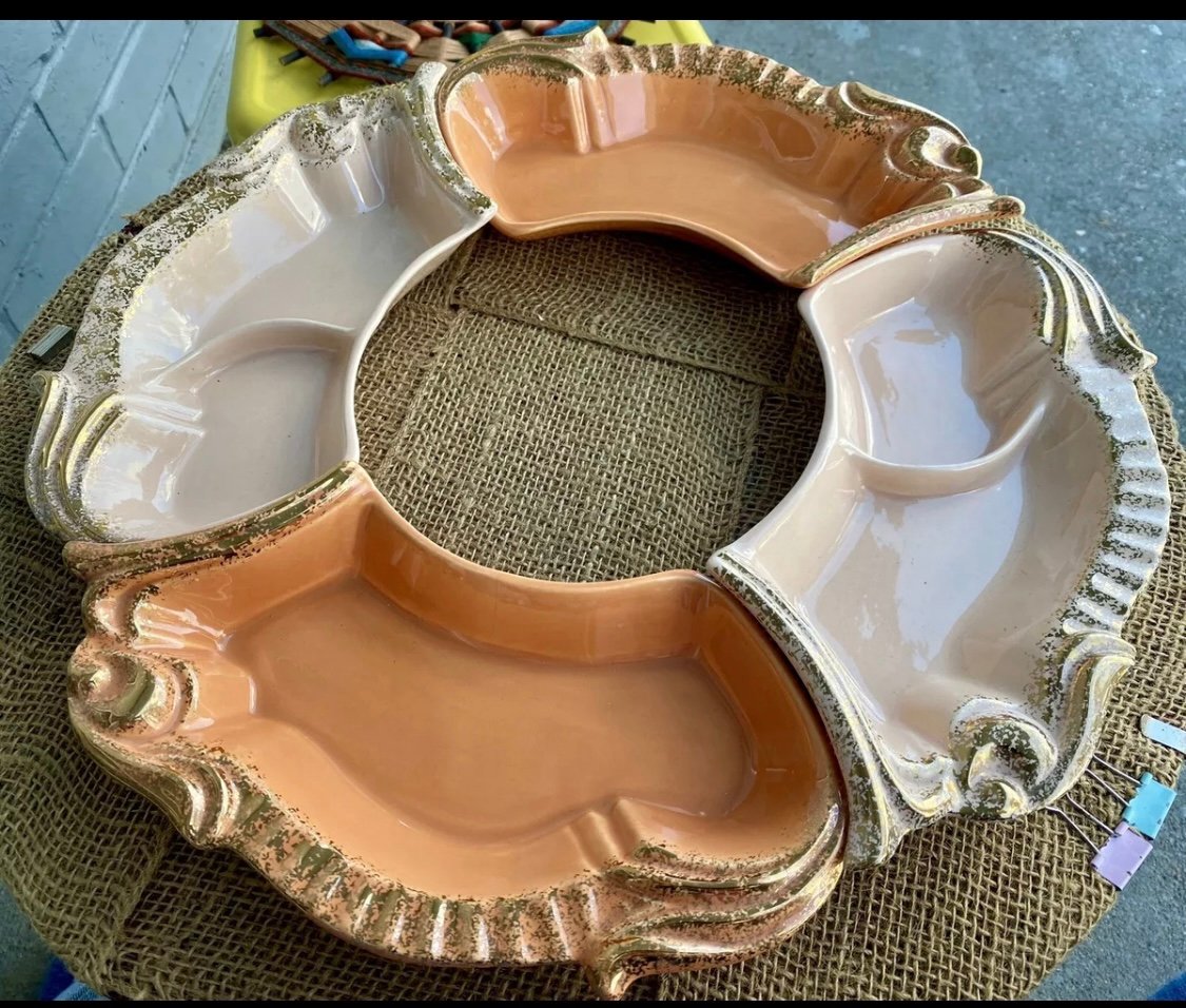 Vtg Maurice California Pottery Veggie Fruit Tray MCM Atomic Gold Peach & Lt Pink