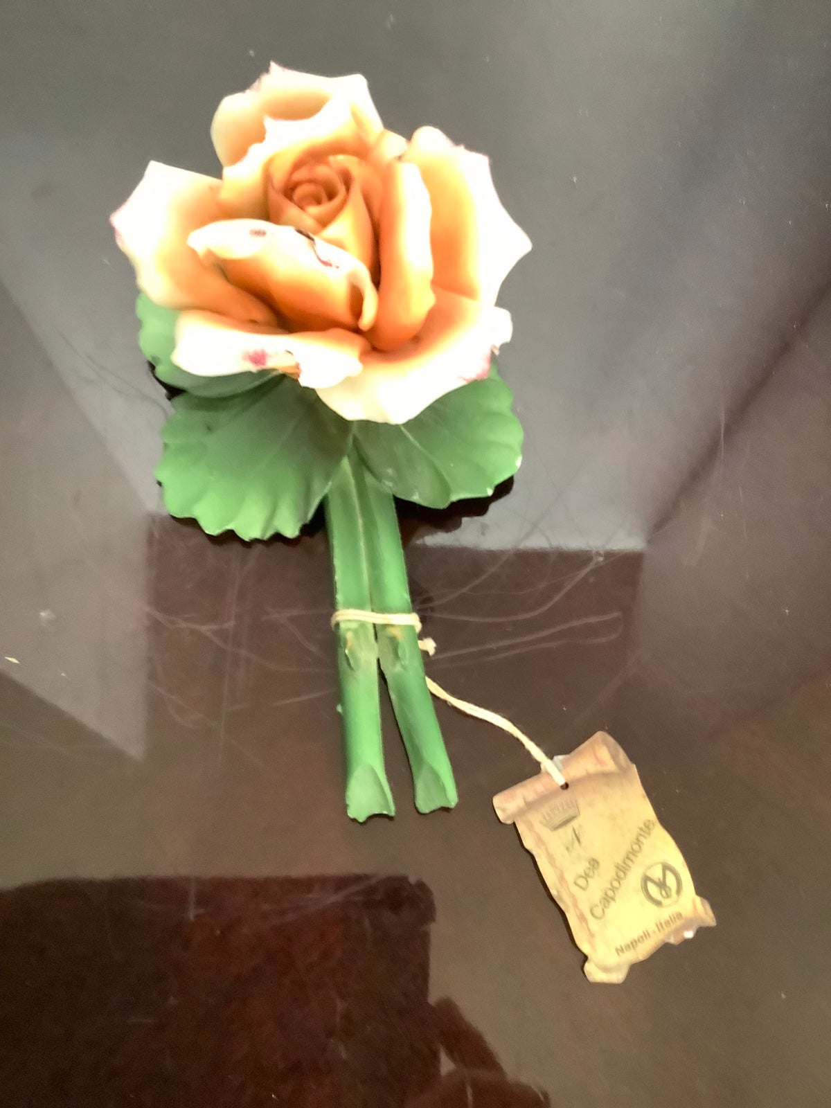 UNIQUE Orange Salmon ROSE with PURPLE Tips Two Stem CAPODIMONTE 6.5” w/Hang Tag