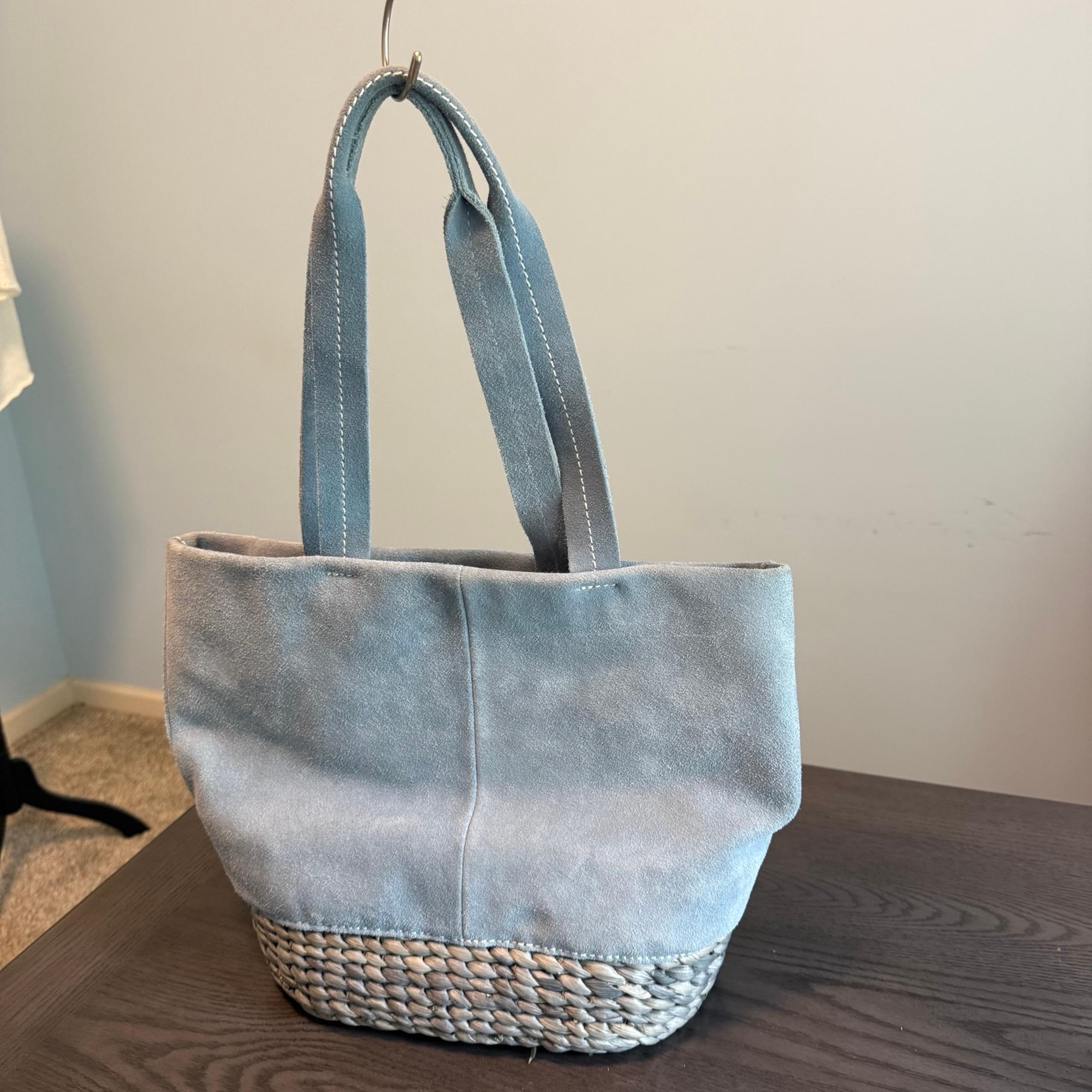 Margot sky blue suede and straw bottom handbag