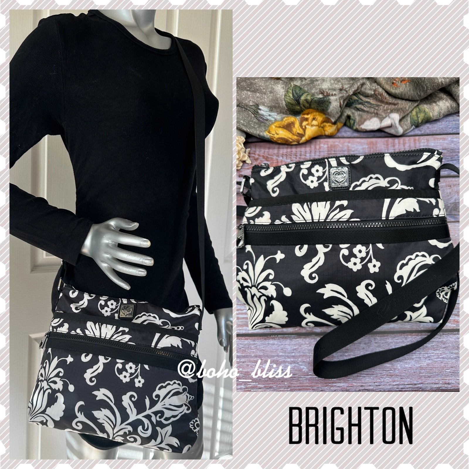 BRIGHTON Nylon Crossbody Bag Black and White Paisley EUC