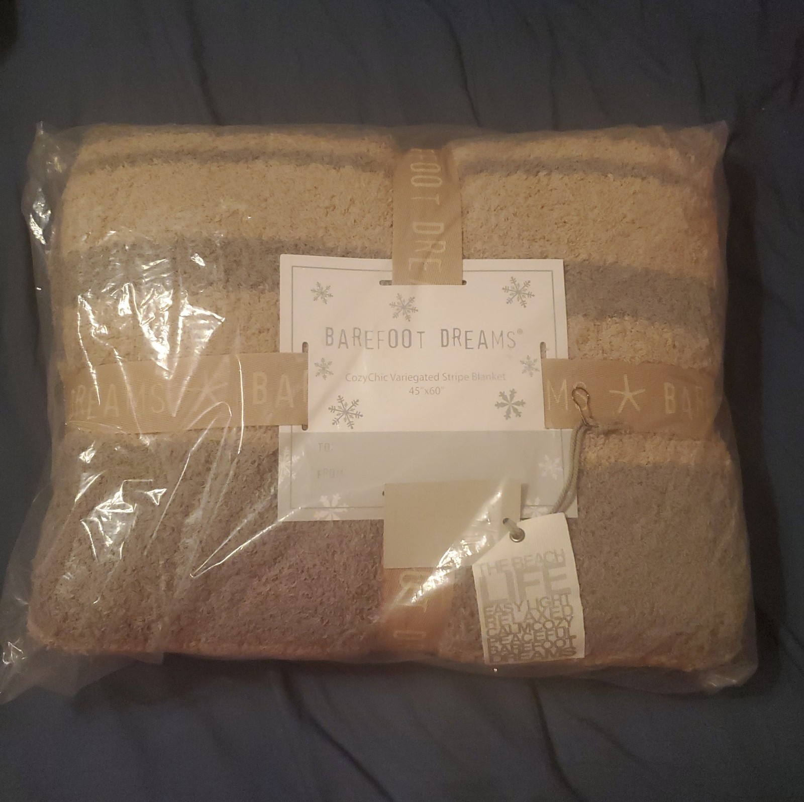 Barefoot Dreams CozyChic Stripe Blanket Throw 45” X 60” Tan & Warm Gray Softness