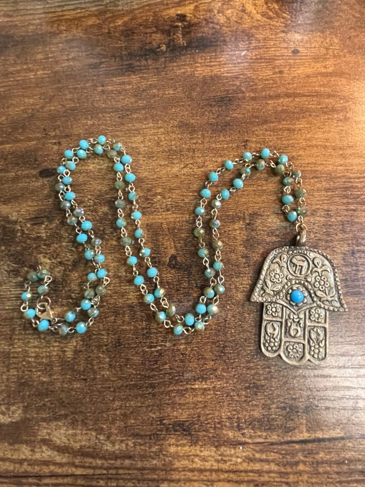 Large Brass Hamsa Hand on Long Crystal Necklace