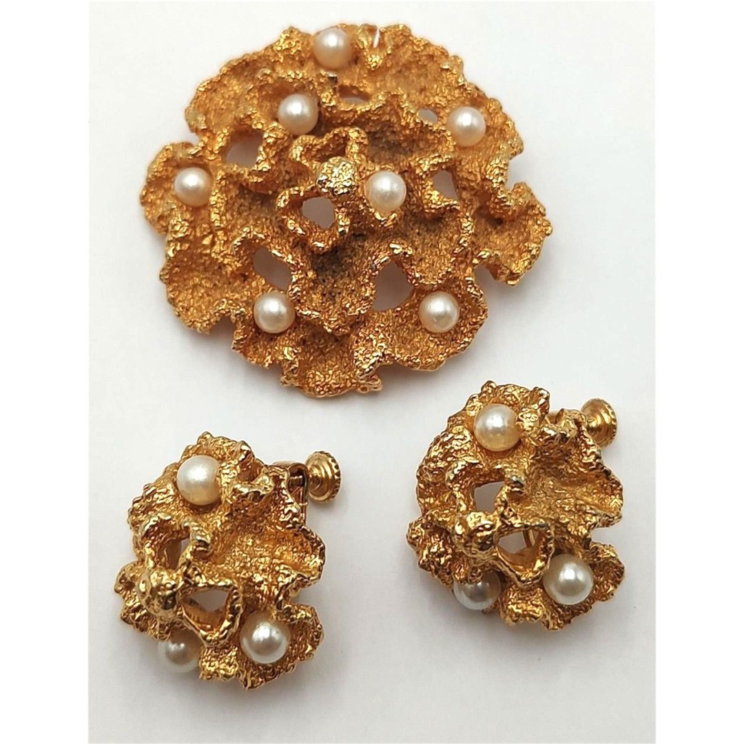 Napier Demi Parure Gold Plated Faux Pearl Brooch and Clip-on Earrings