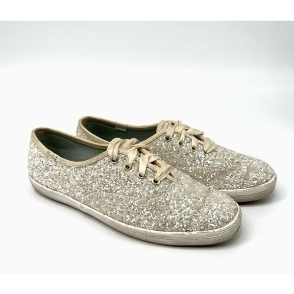 Kate Spade Keds Glitter White Cream Sneaker Satin Ribbon Women Size 6.5 Wedding