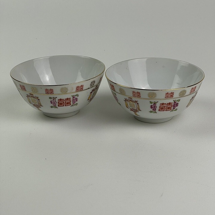 Two Mid 20th Century Chinese Hand Painted Red Gold Porcelain Rice Sauce Bowl