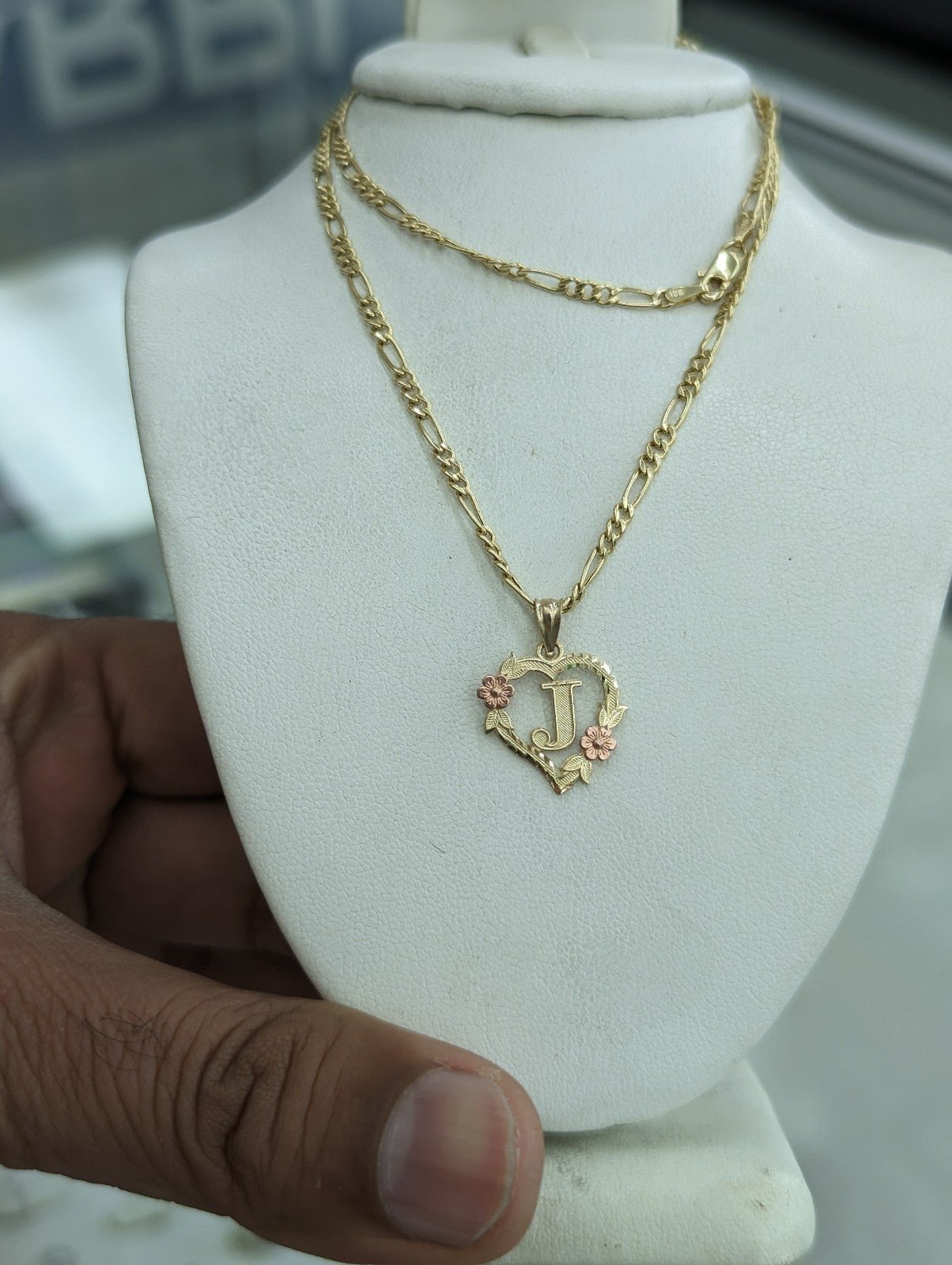 10kt real gold initial J Pendant and figaro Chain