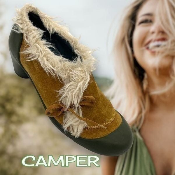CAMPER Tan Leather Suede Shoes Faux Fur Trim and Bow 37