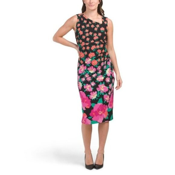 London Times Womens Black Floral Asymmetrical Neck Midi Sheath Dress Sz 10 NWT