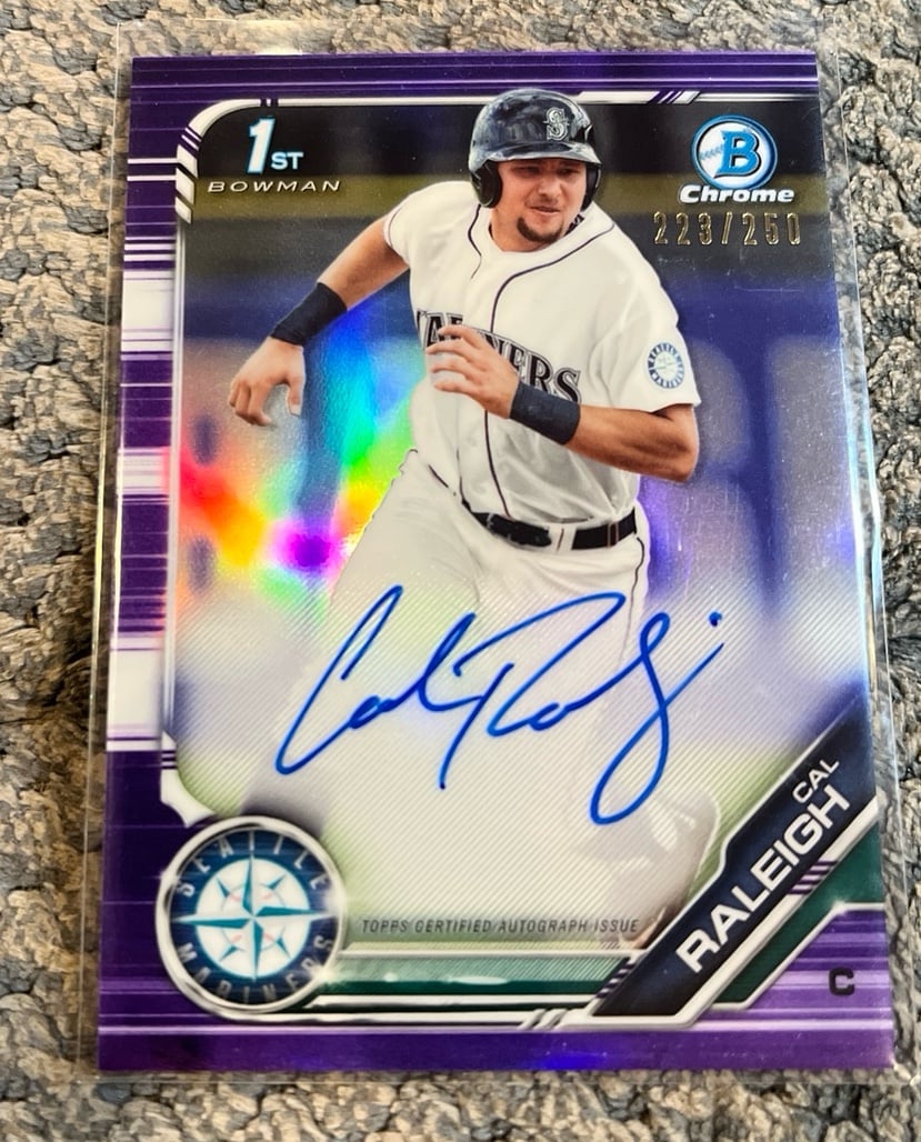 2019 Bowman Chrome Autographs Purple Refractor Cal Raleigh Rookie Auto 223/250