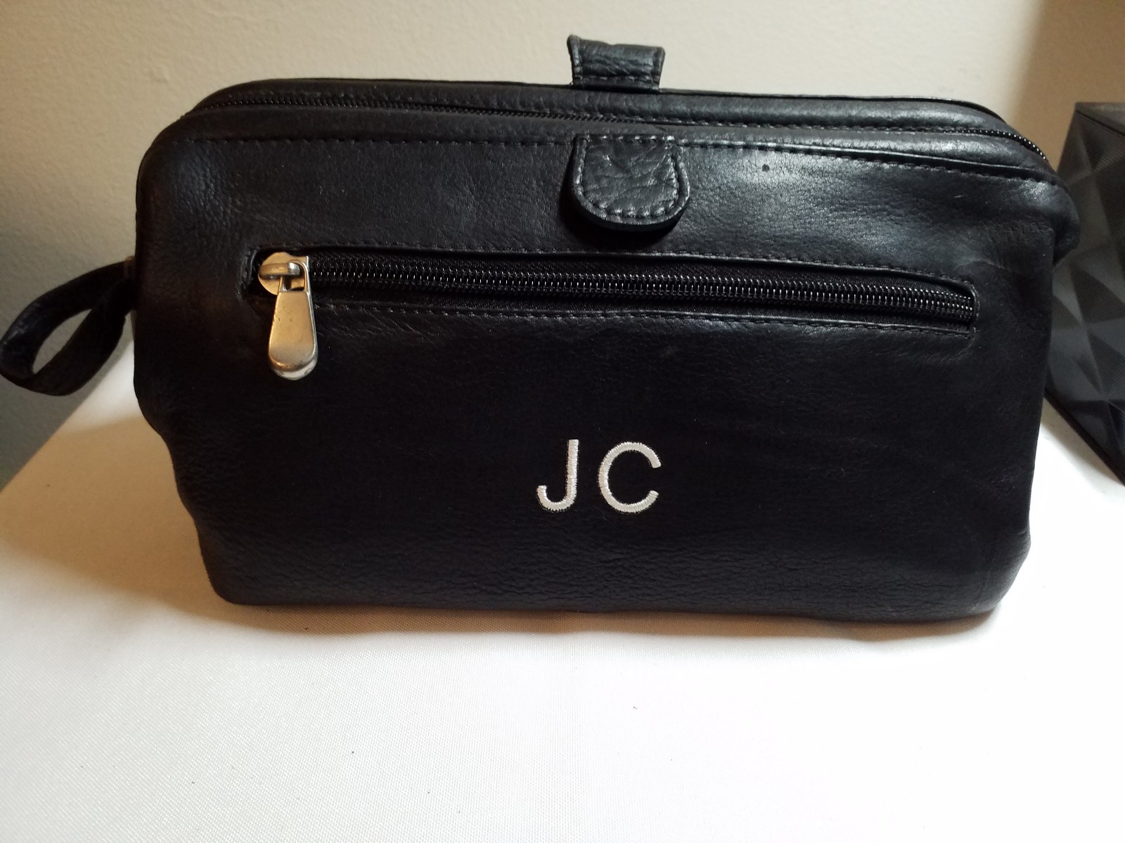 Personalized Black Leather Toiletry Bag