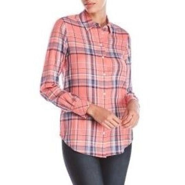 Elizabeth and James Rowan Cotton Plaid Button Down Shirt Pink Size M
