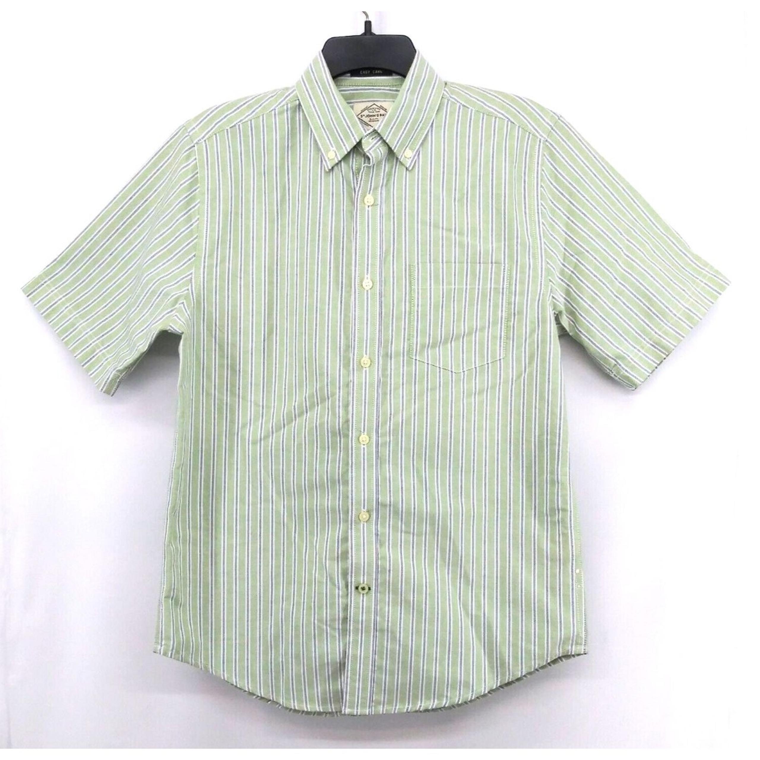 St Johns Bay Dress Shirt Mens Size S Green Blue Striped Short Sleeve Button Up