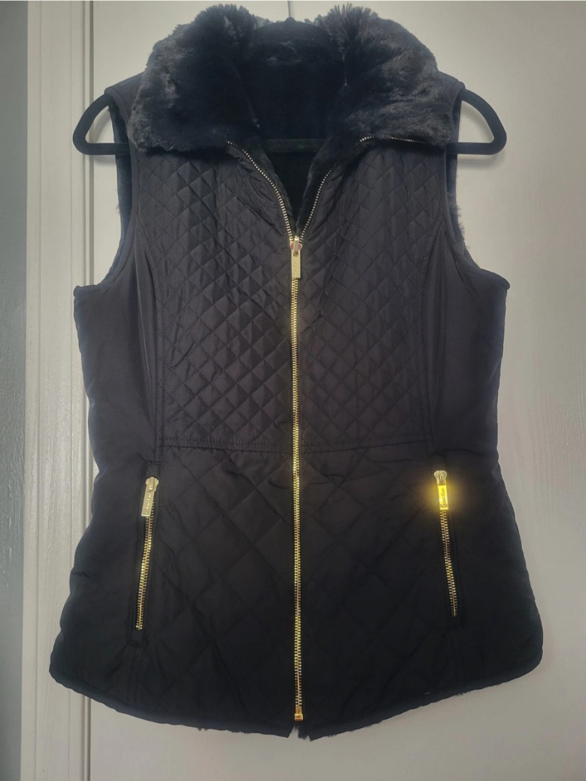 Calvin Klein Reversible Faux Fur Quilted Vest - Black Gold - XS