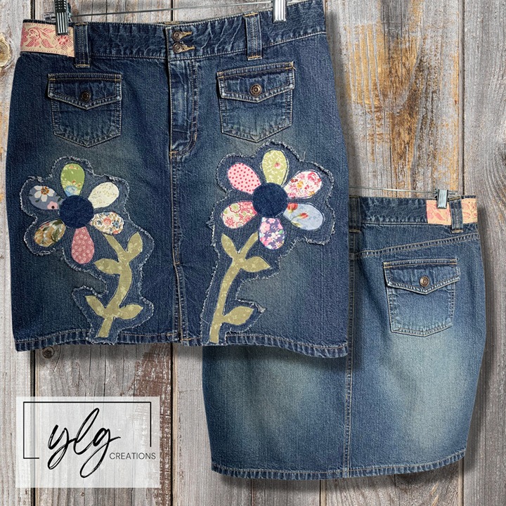 Old Navy Women's Denim Skirt Boho Floral Applique Pink Blue Green Patches