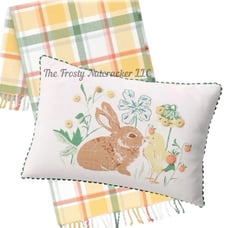 Threshold Easter 2024 Bunny Chick Lumbar Pillow & Green Gold Plaid Fringe Throw