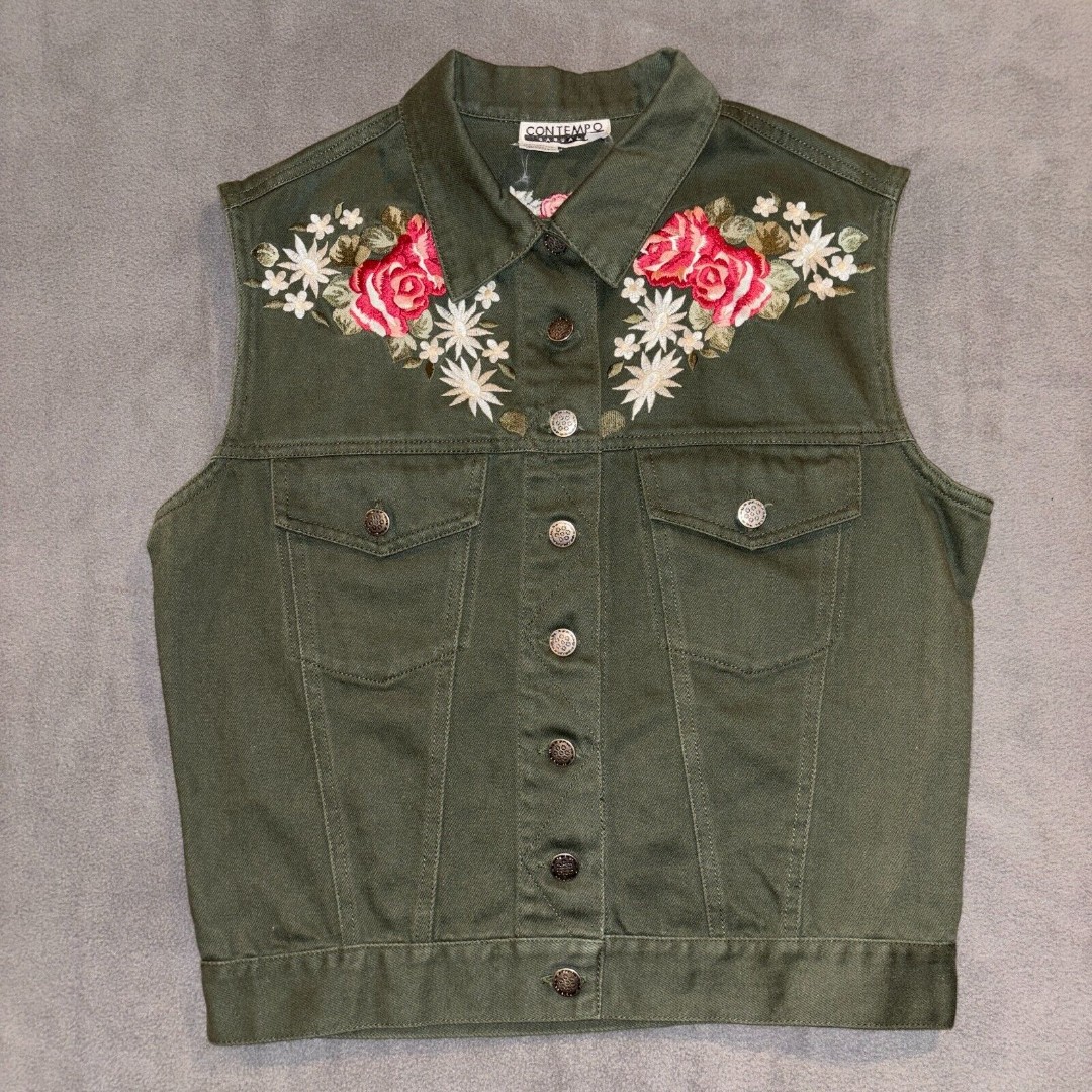 Contempo Casuals Olive Green Embroidered Floral Jean Vest Size Small