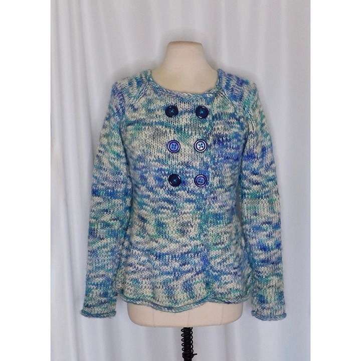 Anthropologie SLEEPING ON SNOW Blue Marled Double Breasted Cardigan Sweater ~ M