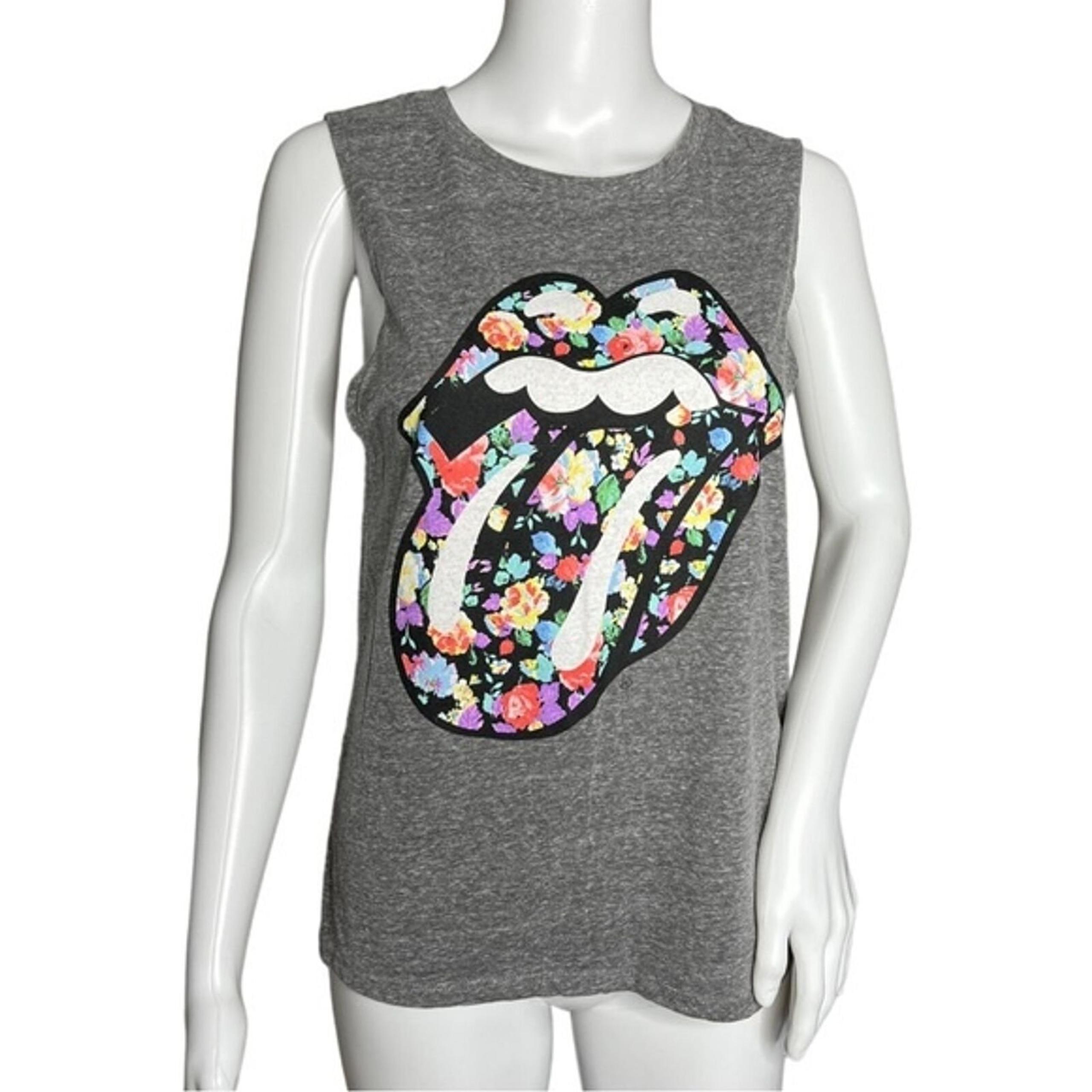 Bravado Rolling Stones Shirt Womens Medium Gray Floral Lips Tongue Muscle Tee