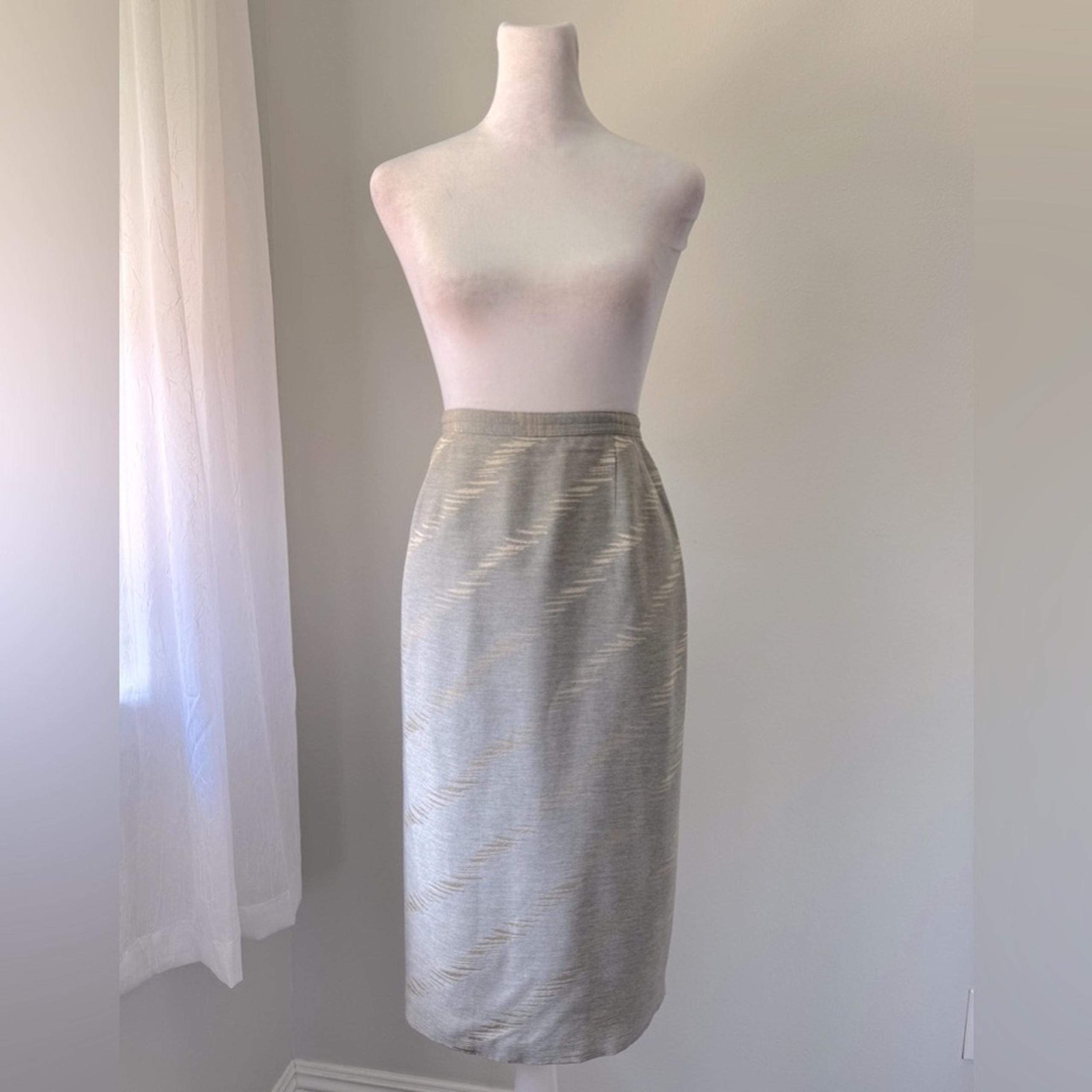 Vintage ‘90s Albert Nipon Light Gray & Gold Pencil Midi Skirt