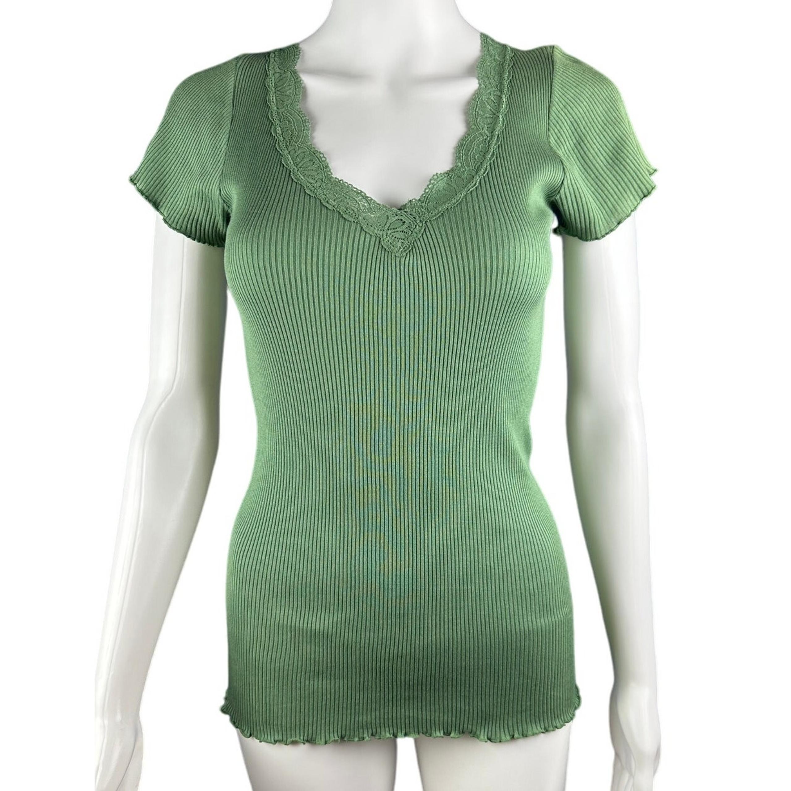 Sage Green Slim-fit Lace V-neck Top, Large​​​​​​