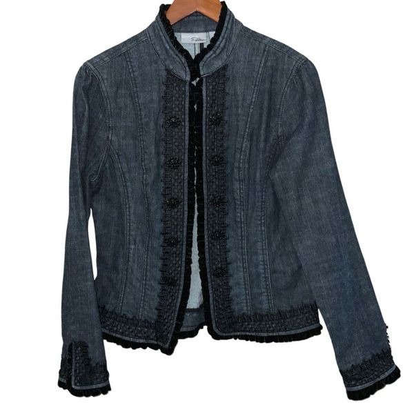 Chico’s Platinum Denim Jacket Blazer With Velvet Trim