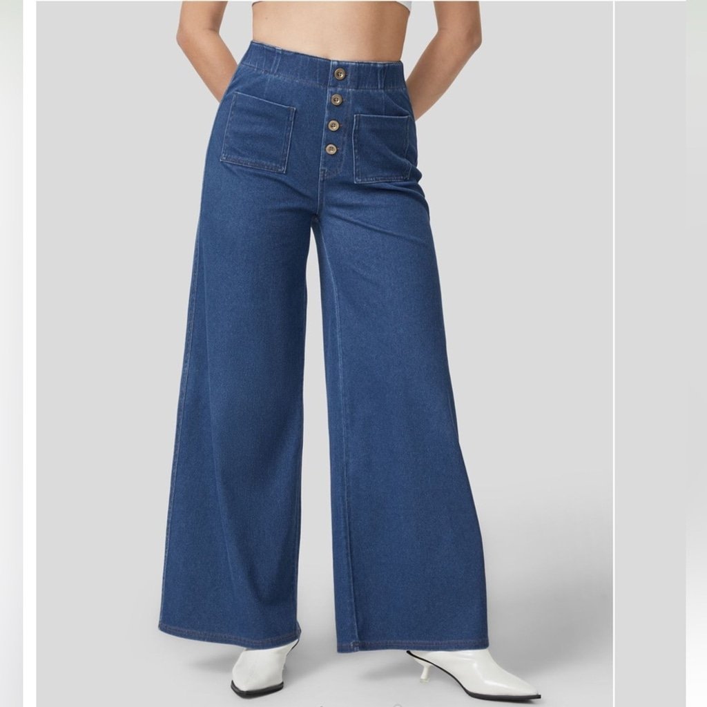 Halara Flex XL Blue High Waisted Button Pockets Stretchy Knit Wide Leg Jean New