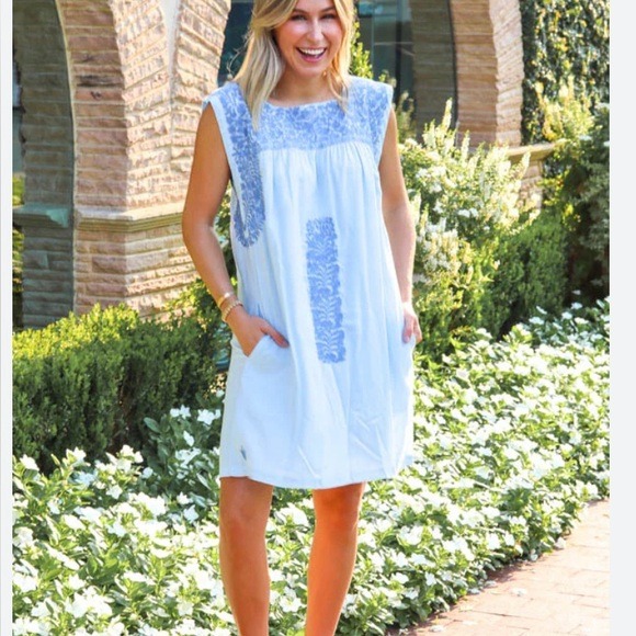 J. Marie Embroidered Blue Linen Dress medium