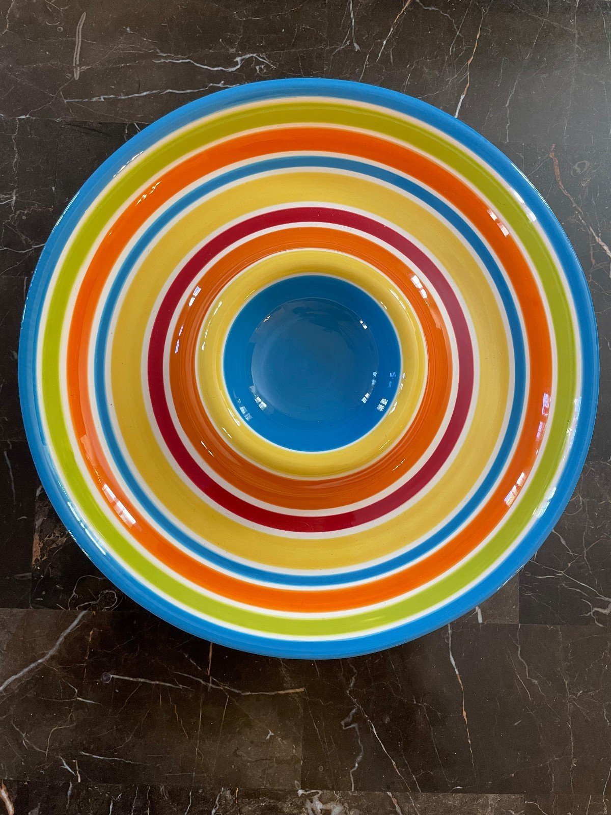 New with Tag Handpainted Multicolored Round Ceramic Chip N Dip Platter