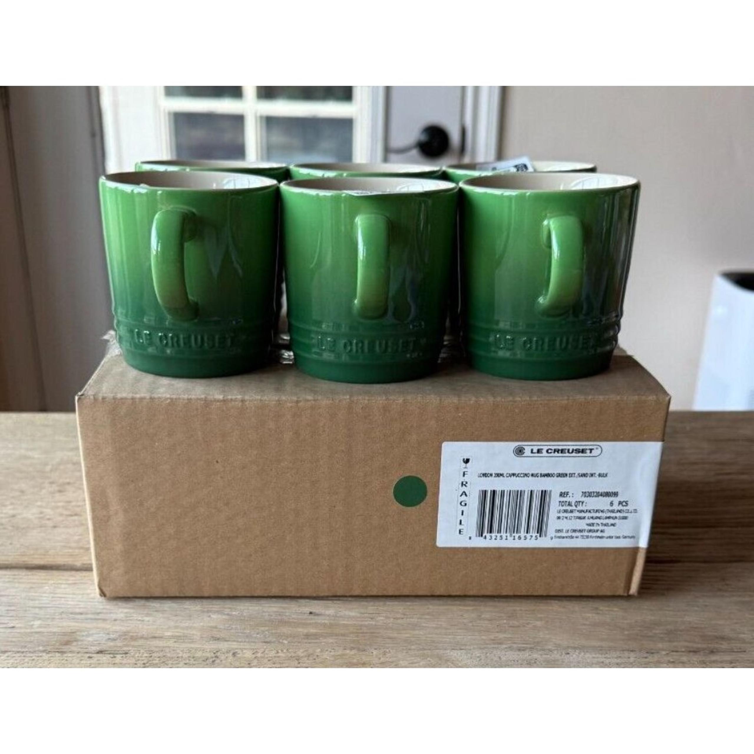 Le Creuset Stoneware Set of 6, 6oz London Cappuccino Mugs Bamboo Green NEW