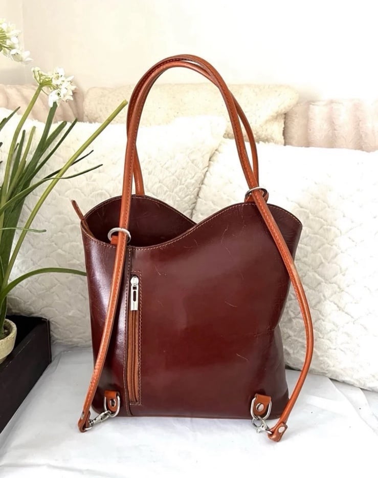 Vera Pelle Patty Convertible Backpack Brown Italian Leather Shoulder Bag Tote