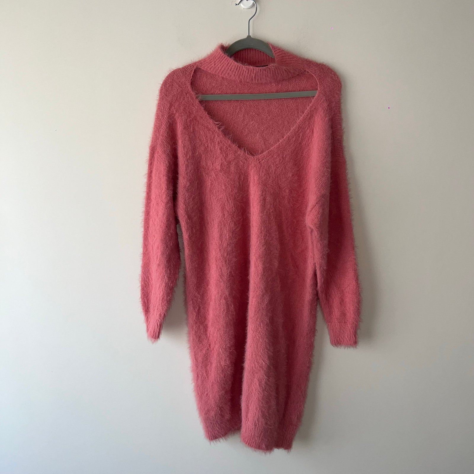 Eloquii Pink Fuzzy Long Sleeve Oversized V-Neck Sweater
