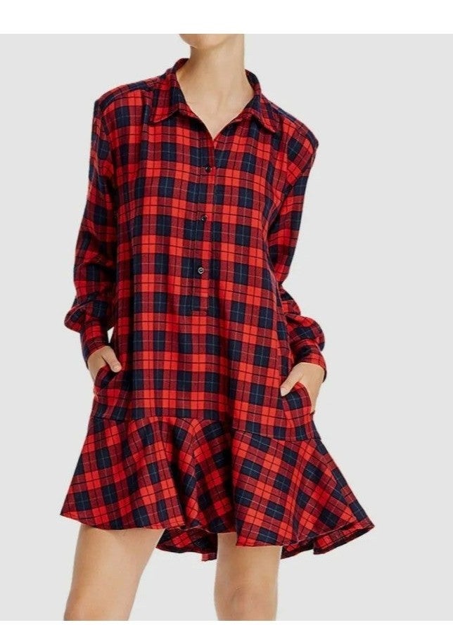 Aqua Plaid Long-Sleeve Ruffled Mini Shirt Dress Size S