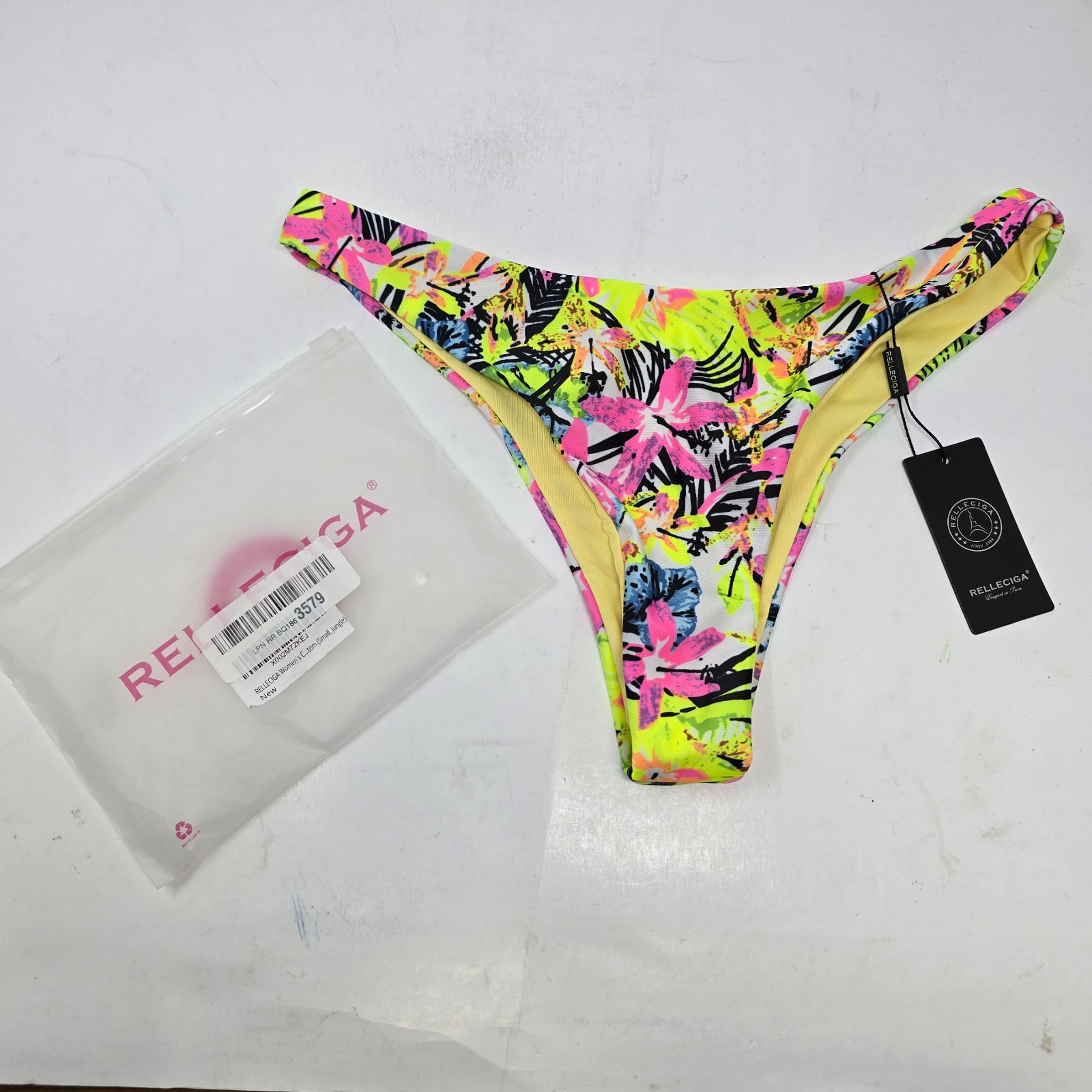 Relleciga Womens Small Tropicla Floral Yellow Black Pink Brazilian Bikini Bottom