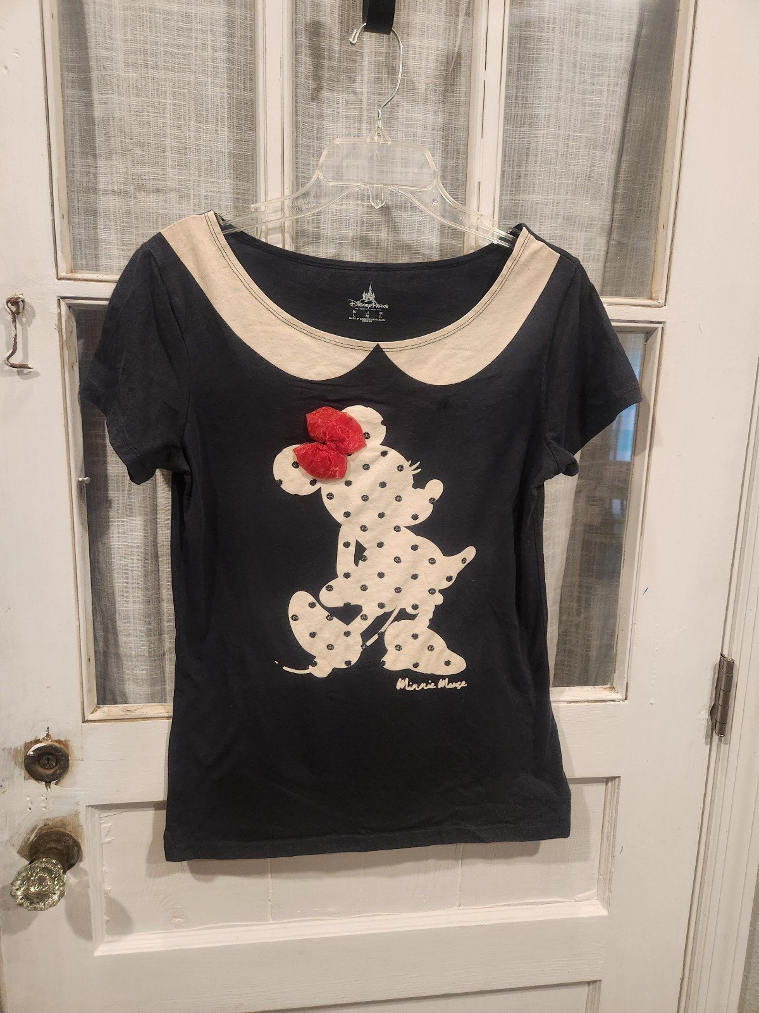 Disney Parks Charcoal Gray Polka Dot Minnie Mouse Shirt Women's Size Large