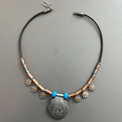 Vintage Alush Jerusalem Leather/Pewter/Copper Signed Necklace 16