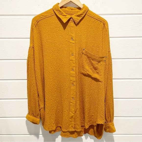 We The Free Oversized Long Sleeve Button Down Waffle Knit Shirt in Mustard M