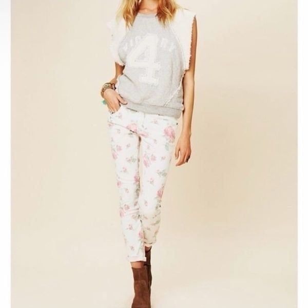 FREE PEOPLE | Retro Rose Floral Print Cream Slim Jeans Women’s Size 26 (2)
