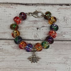 Multi-Colored Glass Beads with Silver Bee Charm Bracelet