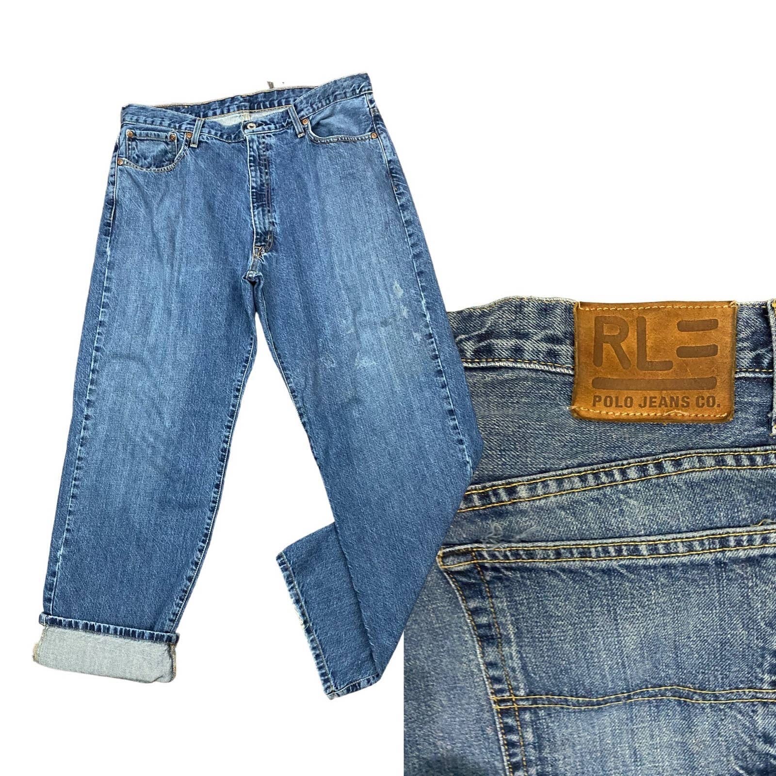 1990s Polo Ralph Lauren Dark Blue Wide Leg Cotton Jeans / 36x31