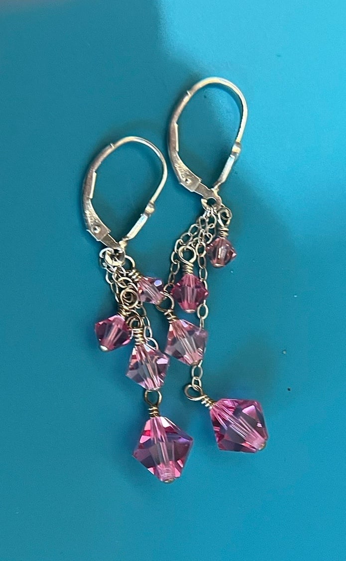 Vintage Sterling Silver Pink Crystal Lever Back Dangle Earrings