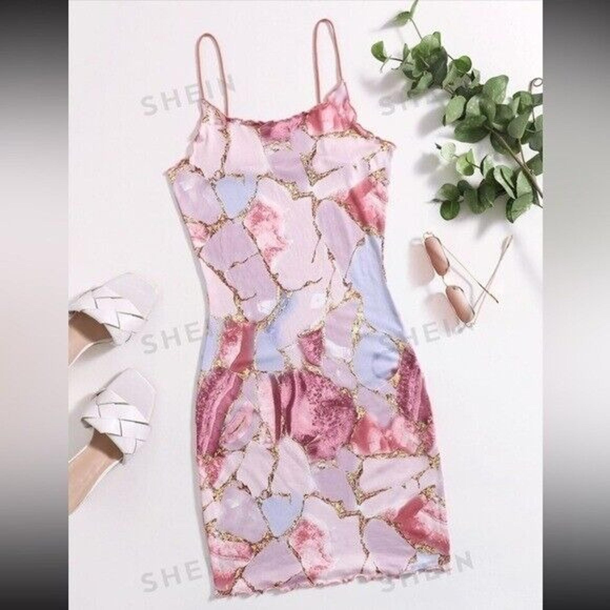 Pink, White, & Gold Pattern Shein Bodycon Stretch Dress W Lettuce Trim~ New~Sz L