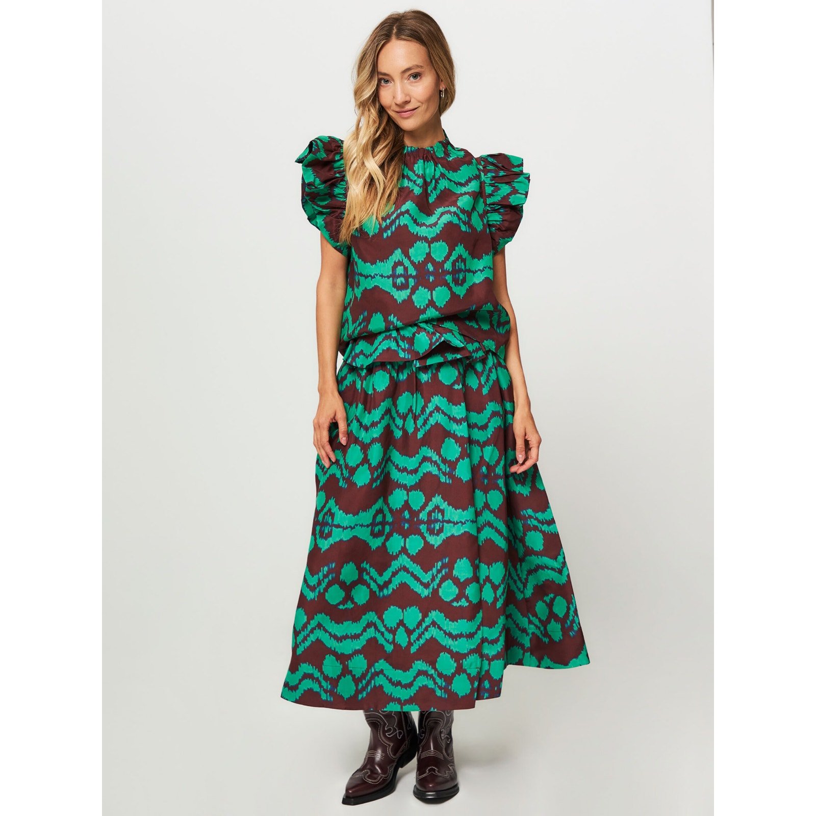 Ulla Johnson Iren Top & Ulyssa Maxi Skirt Matching Silk Set Malachite size 8