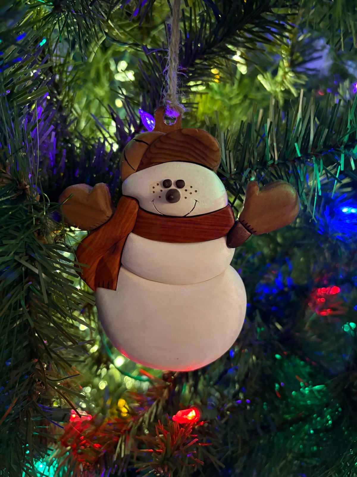 Handmade Wooden Snowman Ornament – Intarsia Style Hanging Decor Christmas