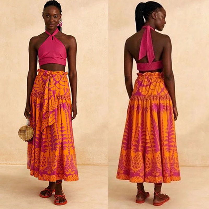 NWT Farm Rio Adjustable Waist Pineapple Maxi Skirt Orange Multi Size: Small
