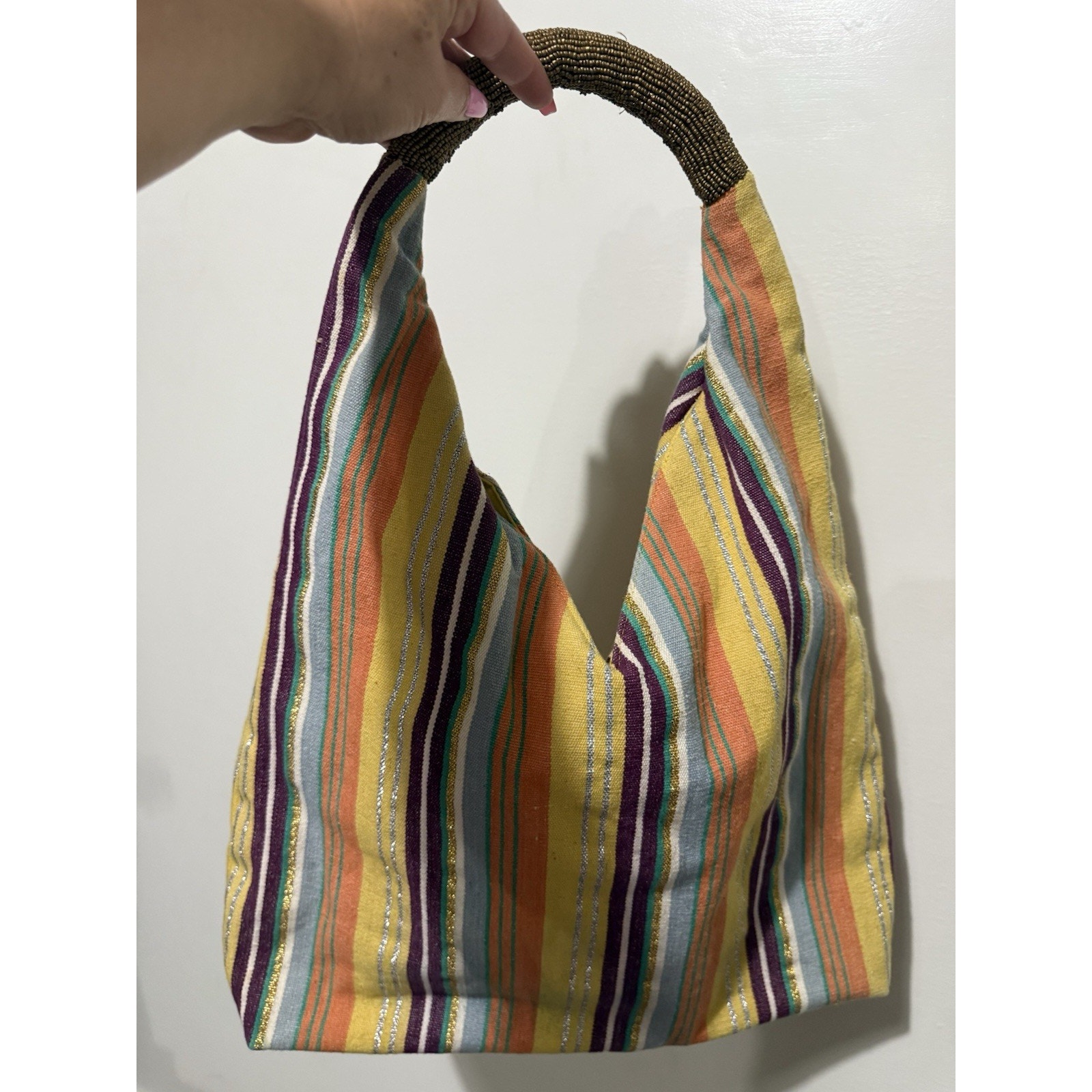 Ethic Tote Bag Hobo Bohemian Boho Festival Metallic Stripes Beaded Purse