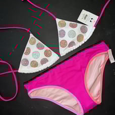 Victoria's Secret S TRIANGLE BIKINI HOT PINK WHITE crystallized Embellished