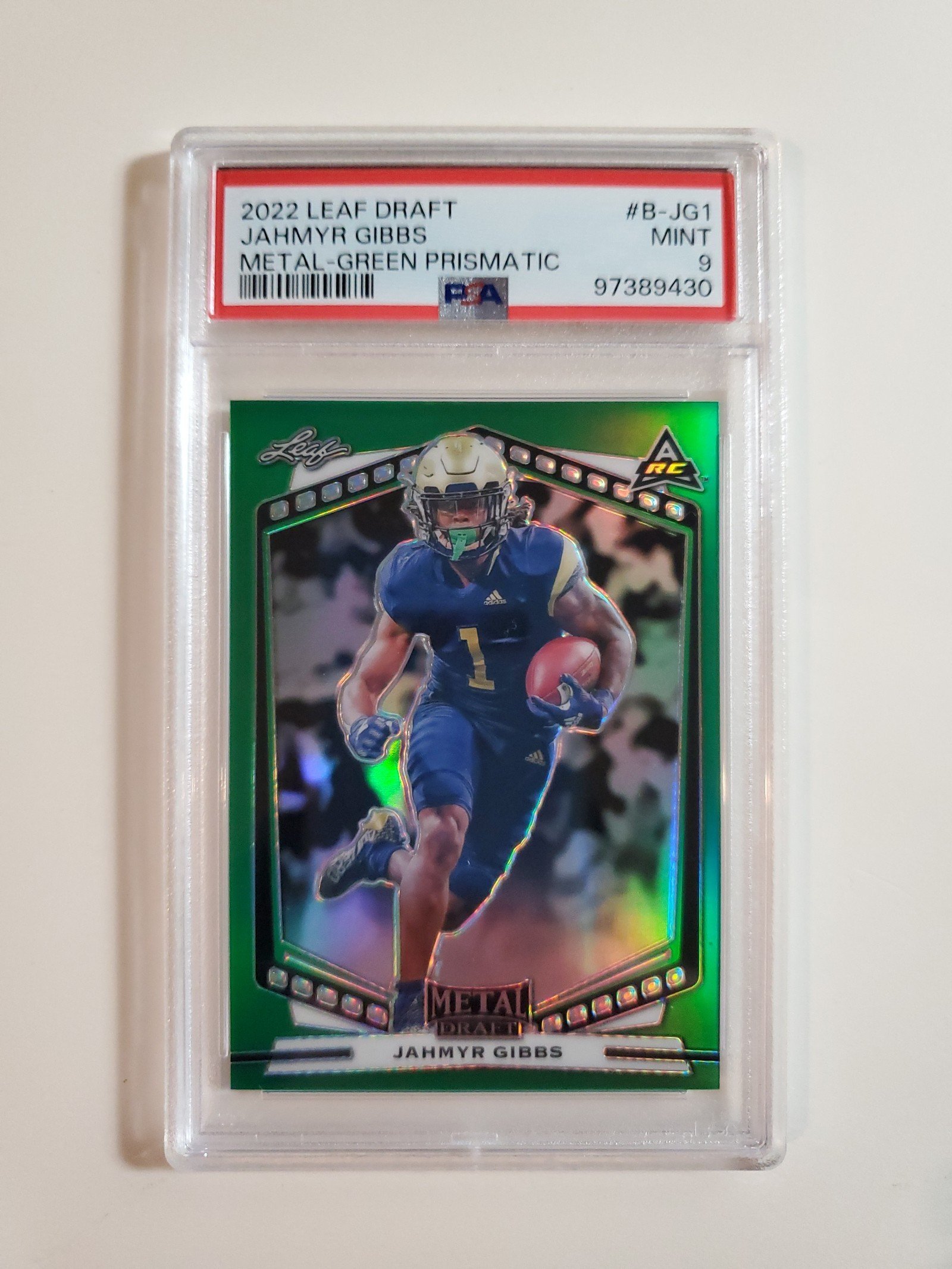 2022 LEAF DRAFT PSA JAHMYR GIBBS METAL-GREEN PRISMATIC RC !